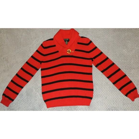Cozy Shawl Collar Toggle Sweater Red Black Stripes Lodge Cabin Small - Picture 1 of 10